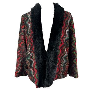 Alberto Makali Colorful Geometric Faux Fur Lined Open Drape Cardigan Sweater Lrg
